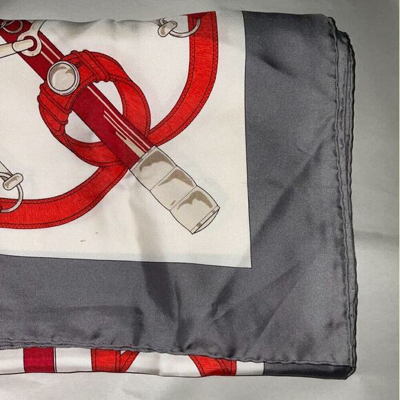 HERMES Carre "Eperon d’or" Silk Gray White Red 100% Silk Scarf 90cm Square - Picture 12 of 16